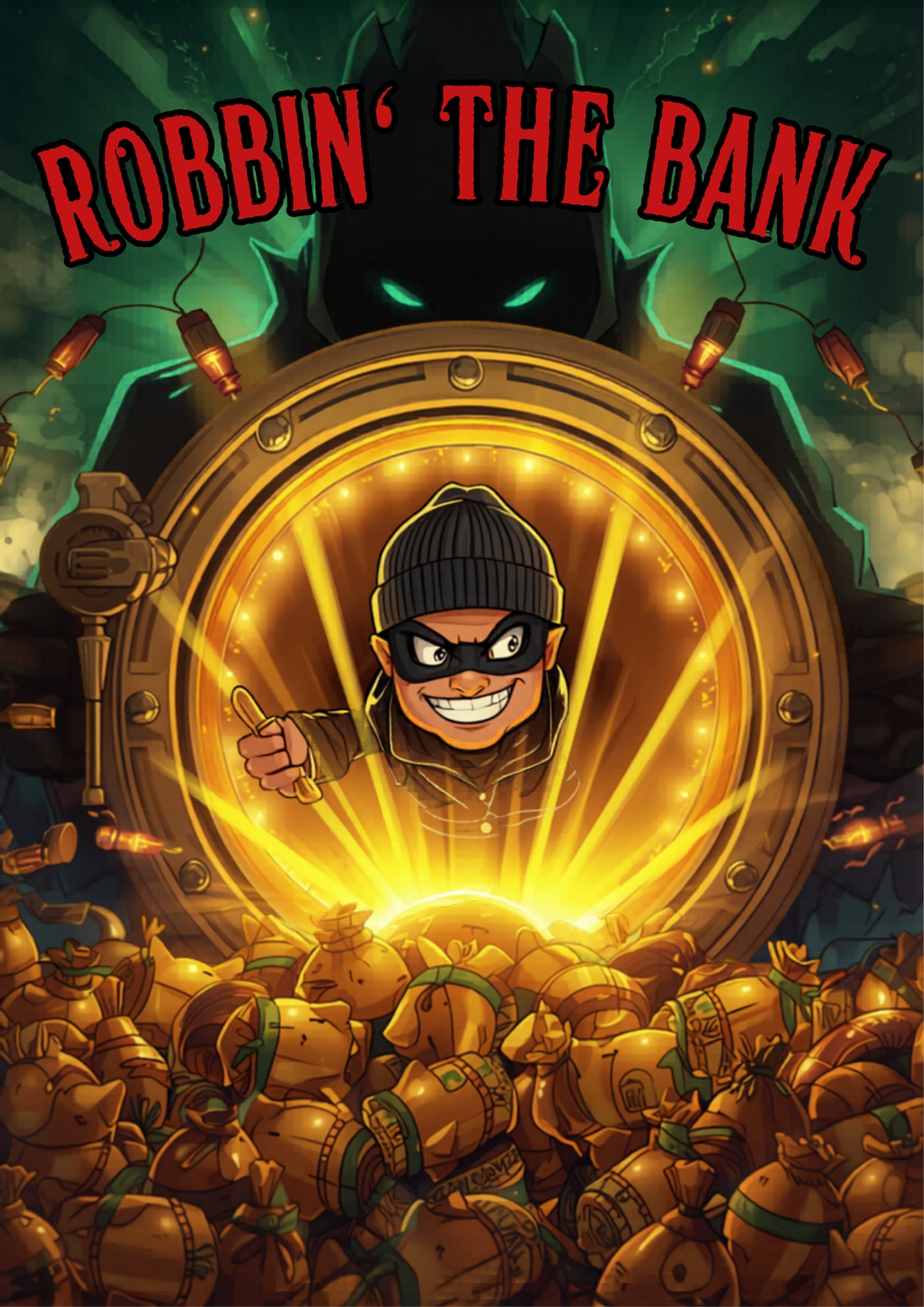 Robbin' The Bank key art: a grinning robber bursts through a brass vault door above a hoard of golden piggy banks. Mr. Long, the dragon banker, looms in the dark behind.